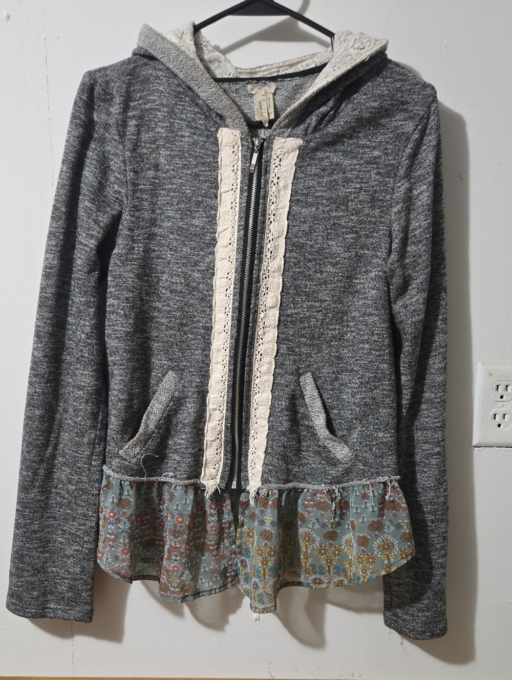 BKE Gray Hooded Zip Cardigan with Cream Crochet Trim and Floral Ruffle